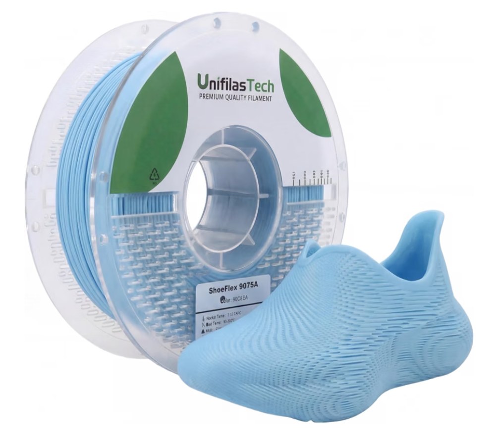 UniFilasTech ShoeFlex 9075A TPU filament spool in Lake Blue with printed shoe